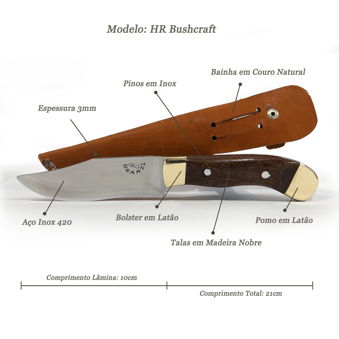 Faca artesanal HR Bushcraft cabo Jacarandá