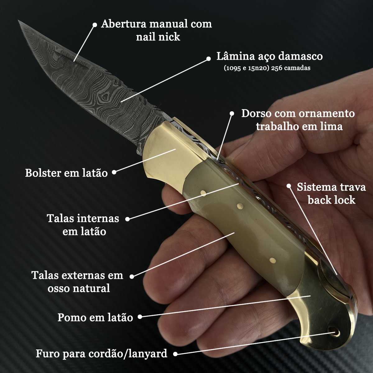 Canivete back lock artesanal aço damasco e osso