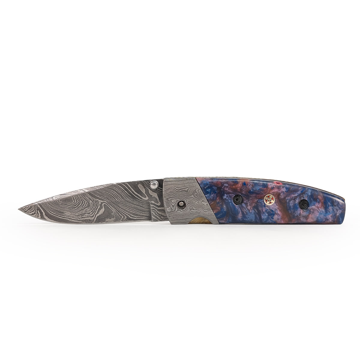 Canivete artesanal lamina aço damasco cabo em resina, detalhe com mosaico.